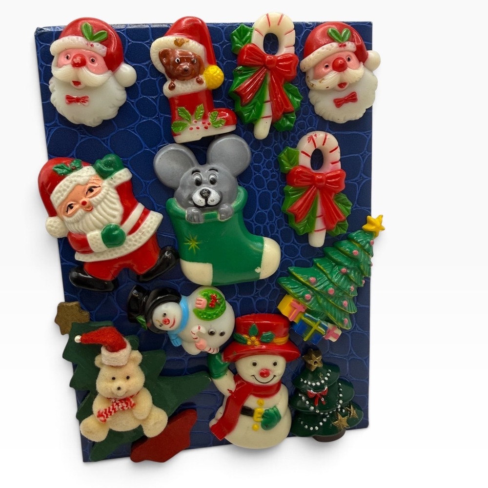 Vintage Christmas Magnet Set 12pc Santa Snowman Mouse Tree Holiday Decor